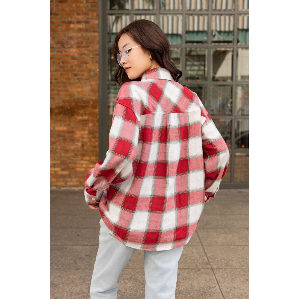Áo Sơ Mi Nữ Caro Đỏ Sọc Lớn Dáng Oversize - Women's Oversized Red Caro Shirt with Wide Stripes. 123WN1034B2650