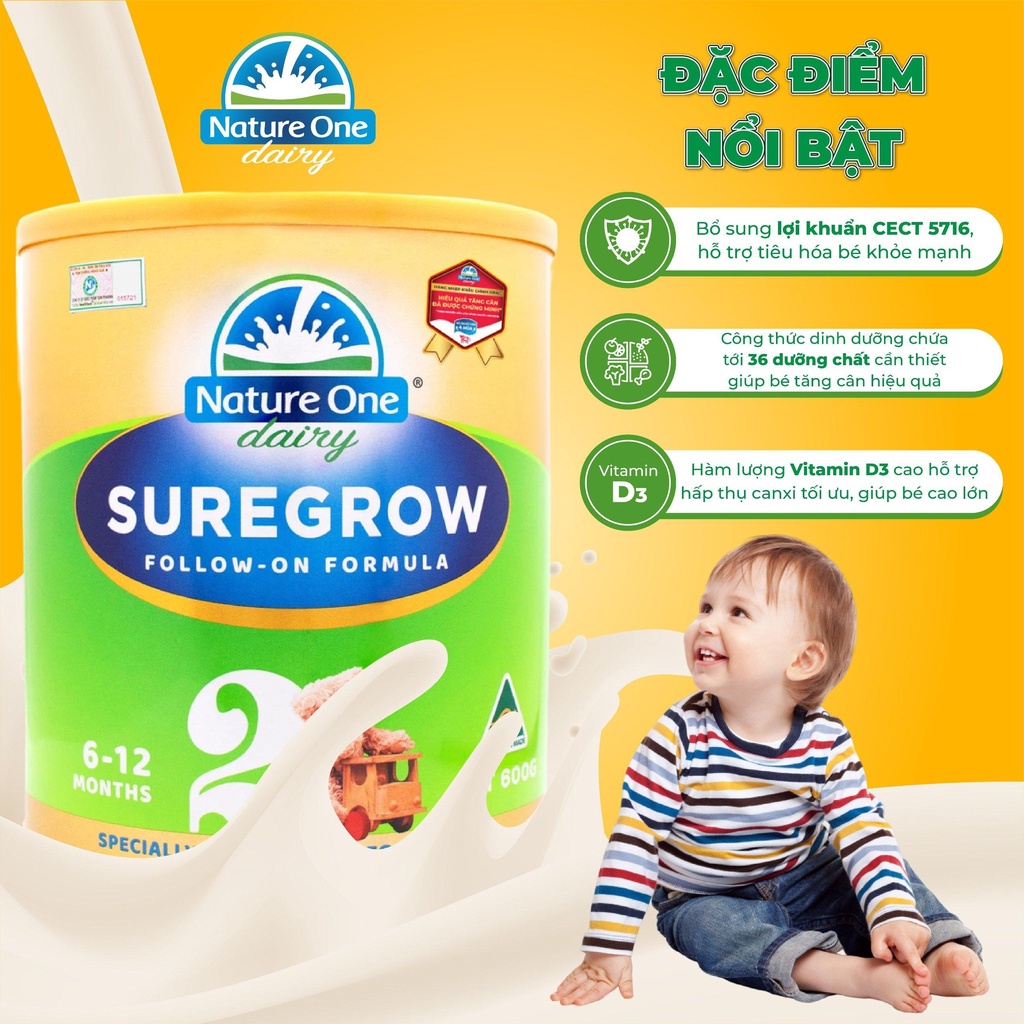 Sữa hỗ trợ tăng cân Nature One Dairy SureGrow số 2 cho bé từ 6-12 M  - Hộp 600g