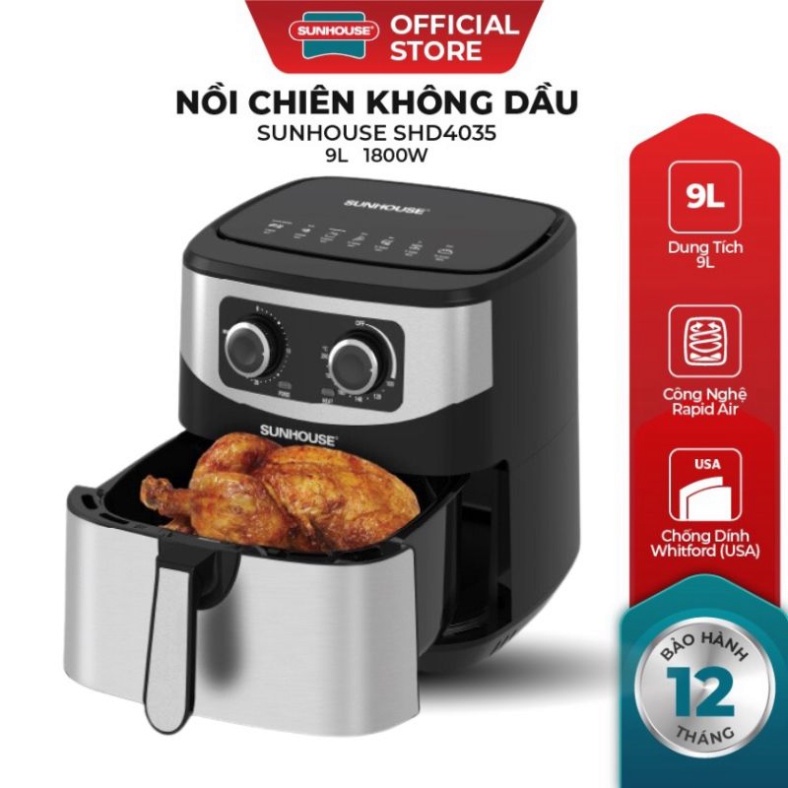 Nồi chiên không dầu 9L Sunhouse SHD4035 dung tích 9L chiên nướng được lượng lớn thức ăn | Ch.