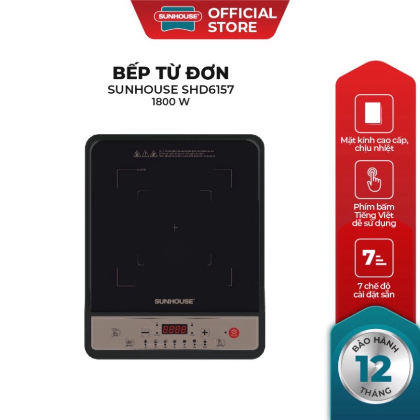 Bếp từ đơn Sunhouse SHD6157 | Công suất 1800W | Bảo hành chính hãng 12 tháng | Phím bấm điện.