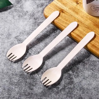 100 Muỗng/Thìa kiêm Nĩa Gỗ, Nĩa Gỗ đầu tròn, dùng một lần, sạch sẽ, an toàn vệ sinh và thân thiện với môi trường