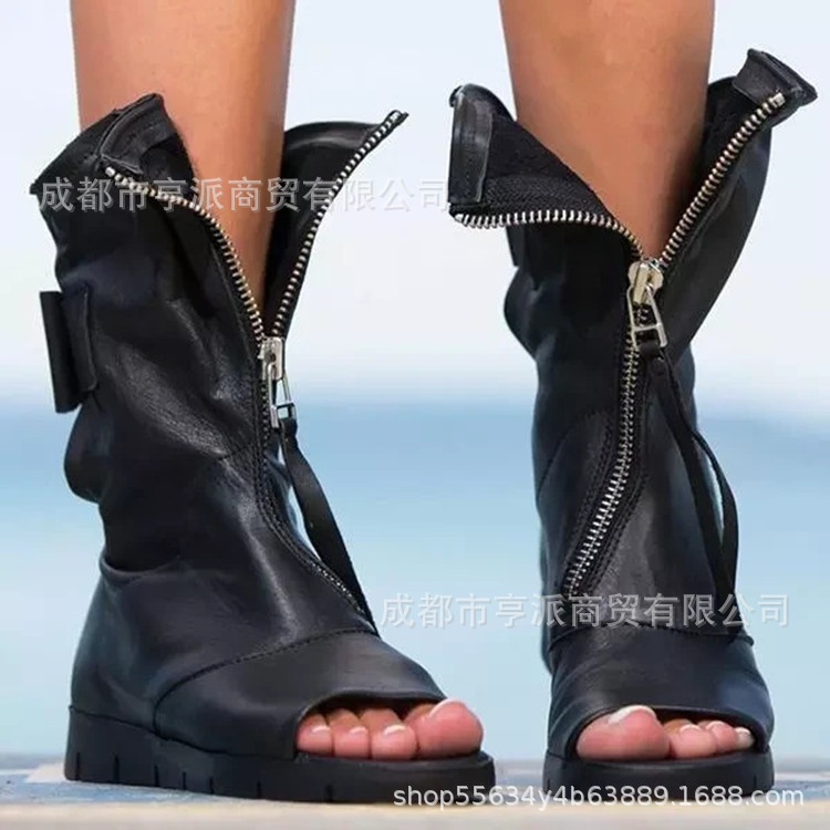 Giày Bốt martin Hở Mũi Màu Trơn Đính Nơ Phong Cách Âu Mỹ Thời Trang Cho Nữ Size 40