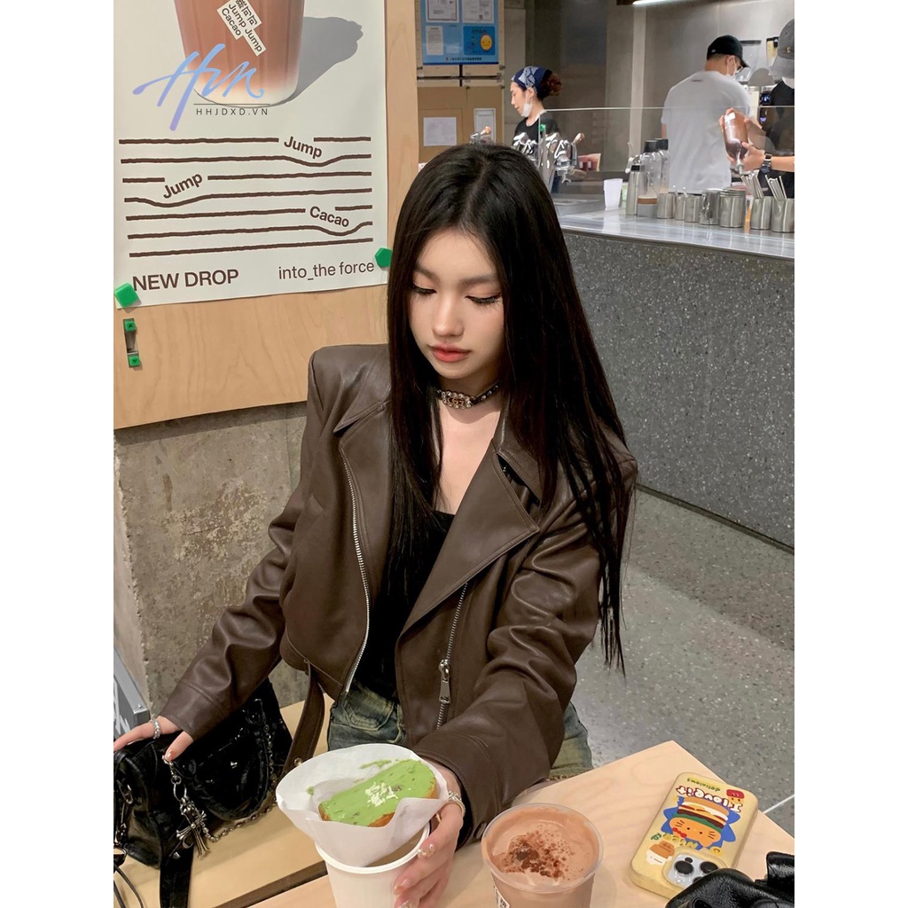 Áo Khoác Da pu Thân Ngắn Phong Cách Mỹ Thời Trang Mùa Thu 2023 Cho Nữ