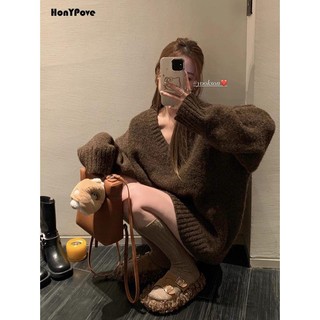 Honypove Áo Len Sáp Mềm Cổ Chữ v Form Rộng Màu Trơn Thời Trang Thu Đông