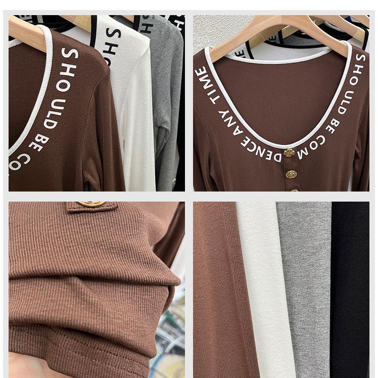 Áo Thun Dài Tay Cổ Chữ v Màu Trơn Phong Cách Phương Tây Thời Trang Mùa Xuân Mới Cho Nữ
