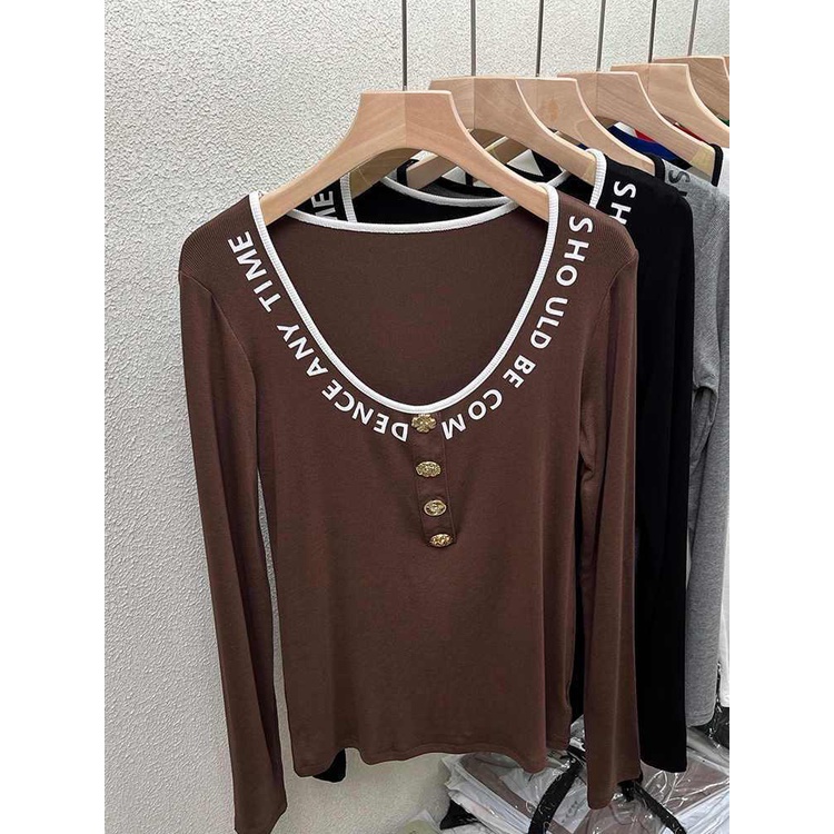 Áo Thun Dài Tay Cổ Chữ v Màu Trơn Phong Cách Phương Tây Thời Trang Mùa Xuân Mới Cho Nữ