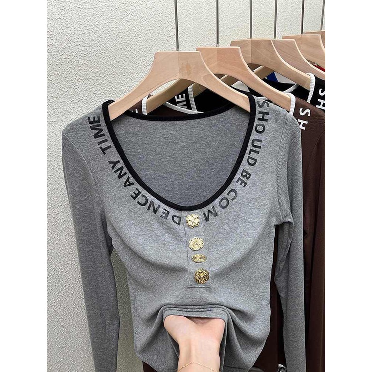 Áo Thun Dài Tay Cổ Chữ v Màu Trơn Phong Cách Phương Tây Thời Trang Mùa Xuân Mới Cho Nữ