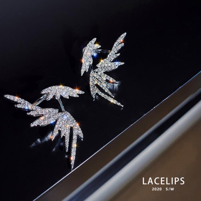 Bông Tai Mạ Bạc 925 Hình Lông Vũ Đính Đá Sang Trọng Phong Cách Hàn Quốc