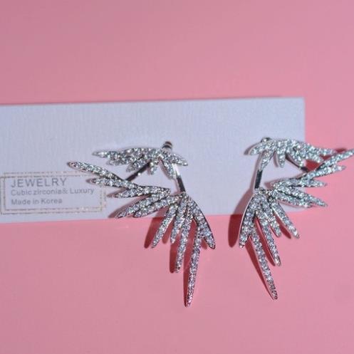 Bông Tai Mạ Bạc 925 Hình Lông Vũ Đính Đá Sang Trọng Phong Cách Hàn Quốc