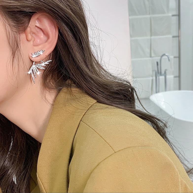 Bông Tai Mạ Bạc 925 Hình Lông Vũ Đính Đá Sang Trọng Phong Cách Hàn Quốc