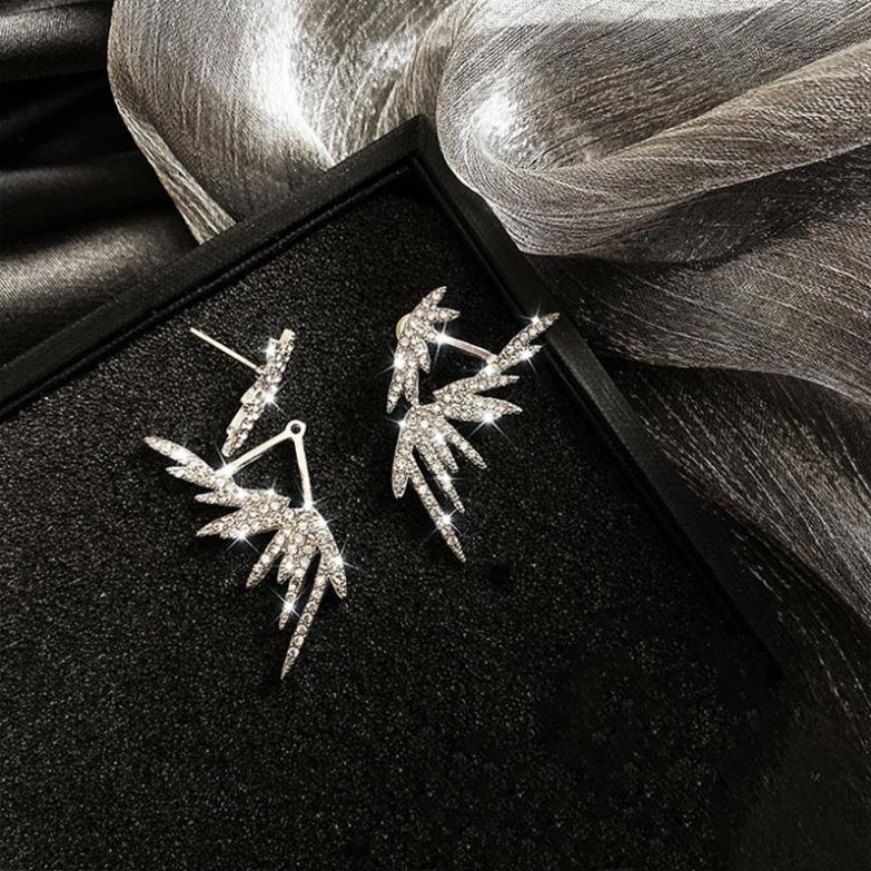 Bông Tai Mạ Bạc 925 Hình Lông Vũ Đính Đá Sang Trọng Phong Cách Hàn Quốc