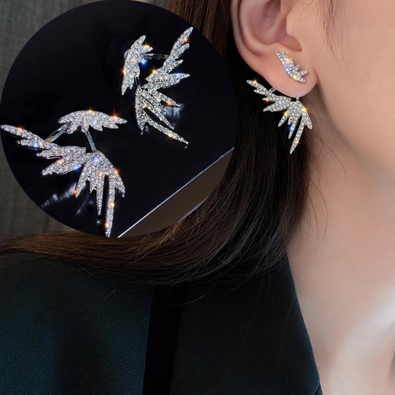 Bông Tai Mạ Bạc 925 Hình Lông Vũ Đính Đá Sang Trọng Phong Cách Hàn Quốc