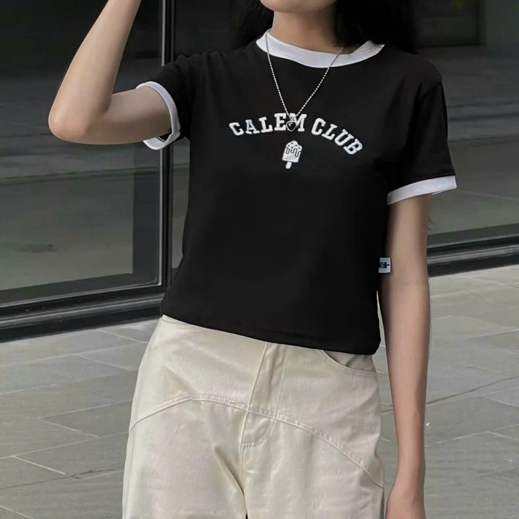 Áo Baby Tee tay ngắn vải cotton SG FASHION THÊU CHỮ Calem.Club vải co giãn thoáng mát họa tiết màu s