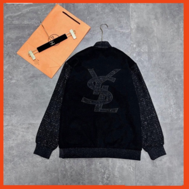 Áo khoác kim tuyến 2 lớp YSL thêu chữ,áo teddy kim tuyến vải dạ thêu chữ YSL sau lưng 88 88