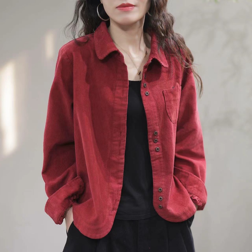 Áo Sơ Mi Tay Dài Cổ Bẻ Chất Nhung Màu Đen Thời Trang Xuân Thu 2023 Cho Nữ