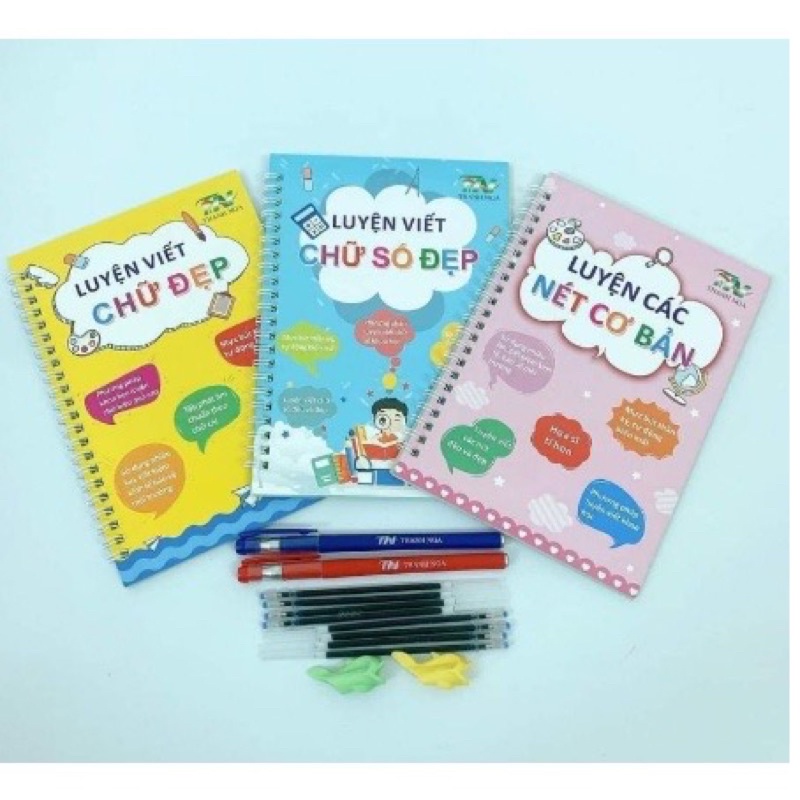 Combo 3 vở tập viết chữ, số, vẽ kèm bút tặng 9 ngòi và cán cầm bút