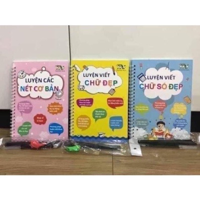 Combo 3 vở tập viết chữ, số, vẽ kèm bút tặng 9 ngòi và cán cầm bút