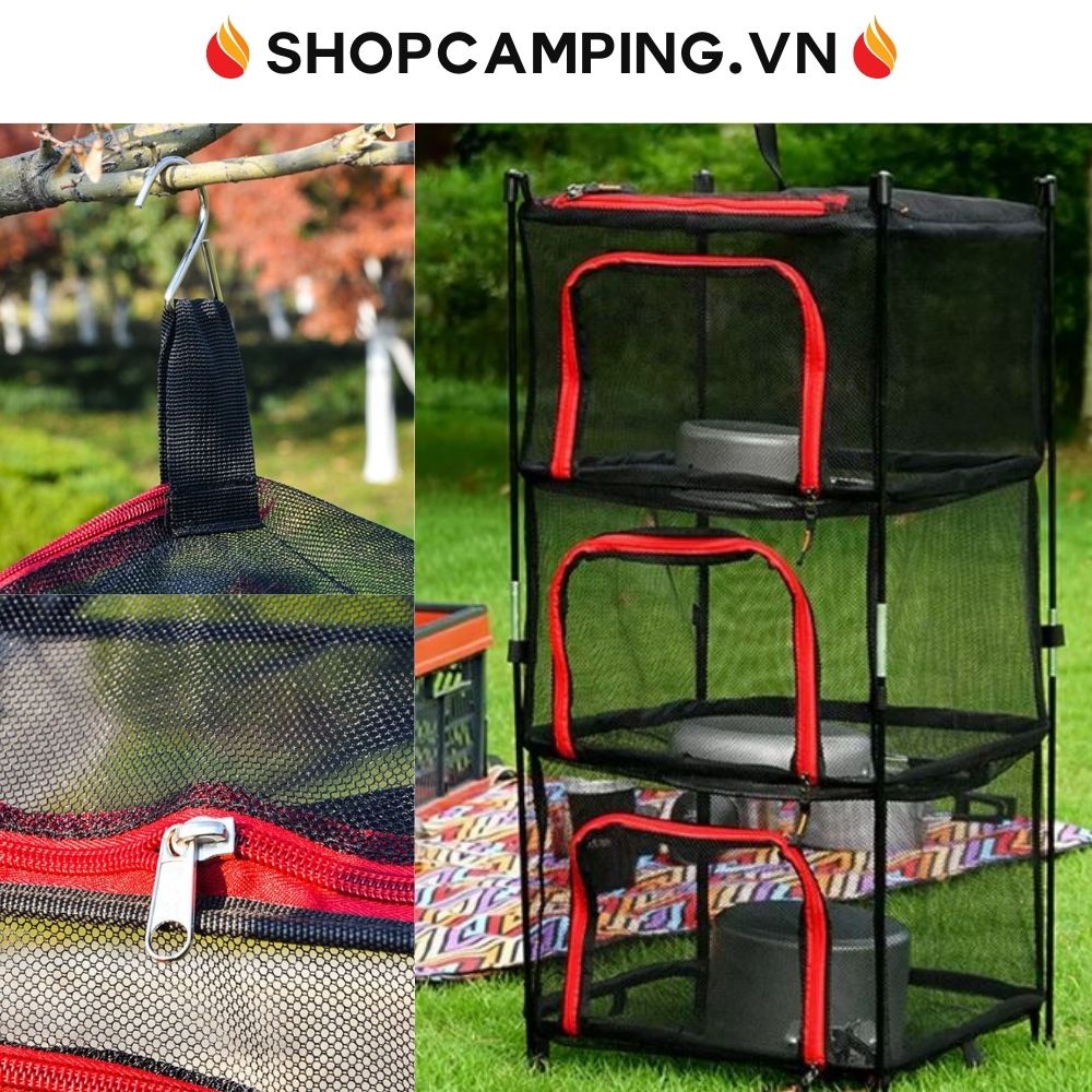 Kệ lưới đựng đồ 3 tầng, giá lưới treo có khóa kéo phơi đồ, tránh côn trùng - Camping VietNam