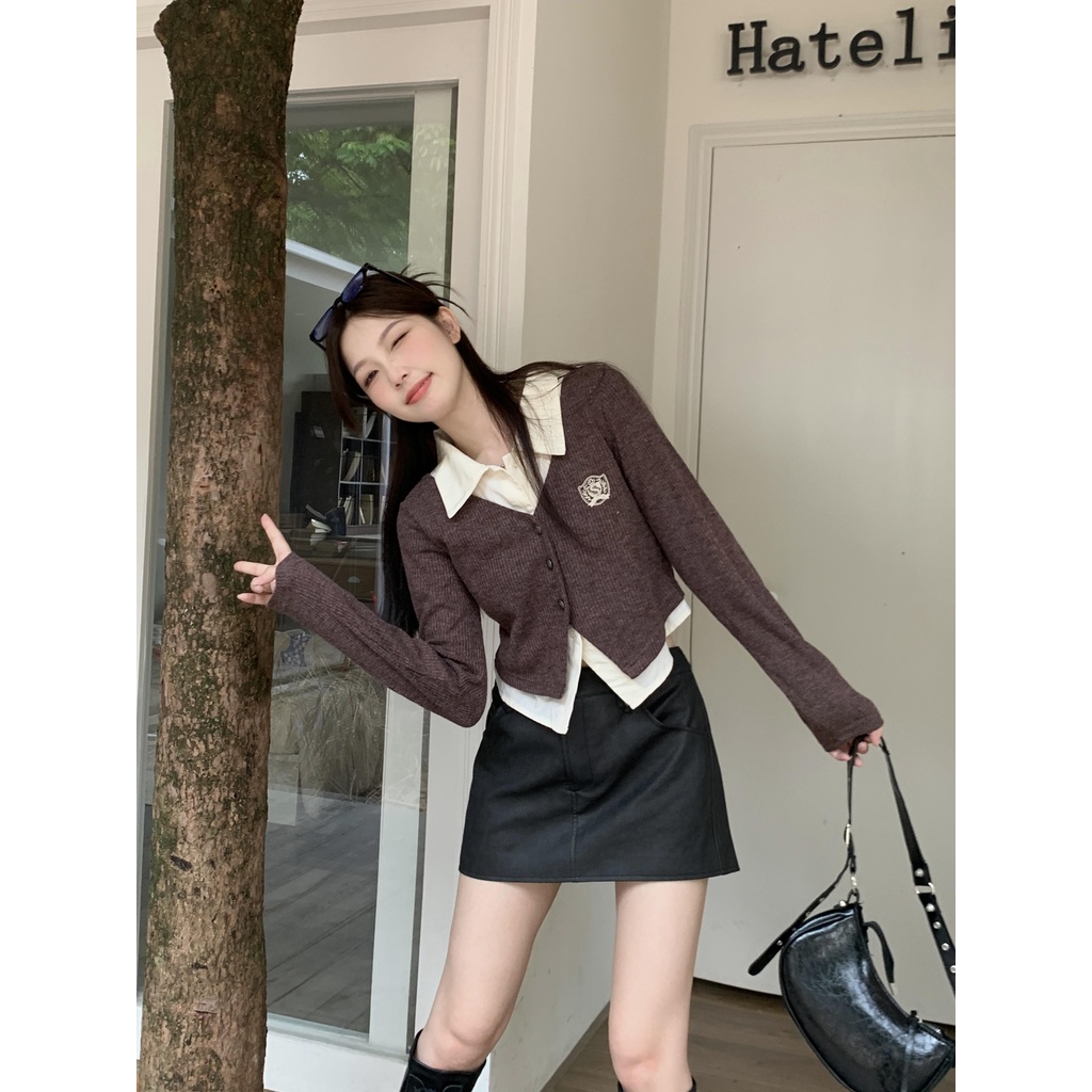 Áo Sơ Mi Giả Hai Lớp Tay Dài Dáng Rộng Thời Trang Mùa Thu Cho Nữ