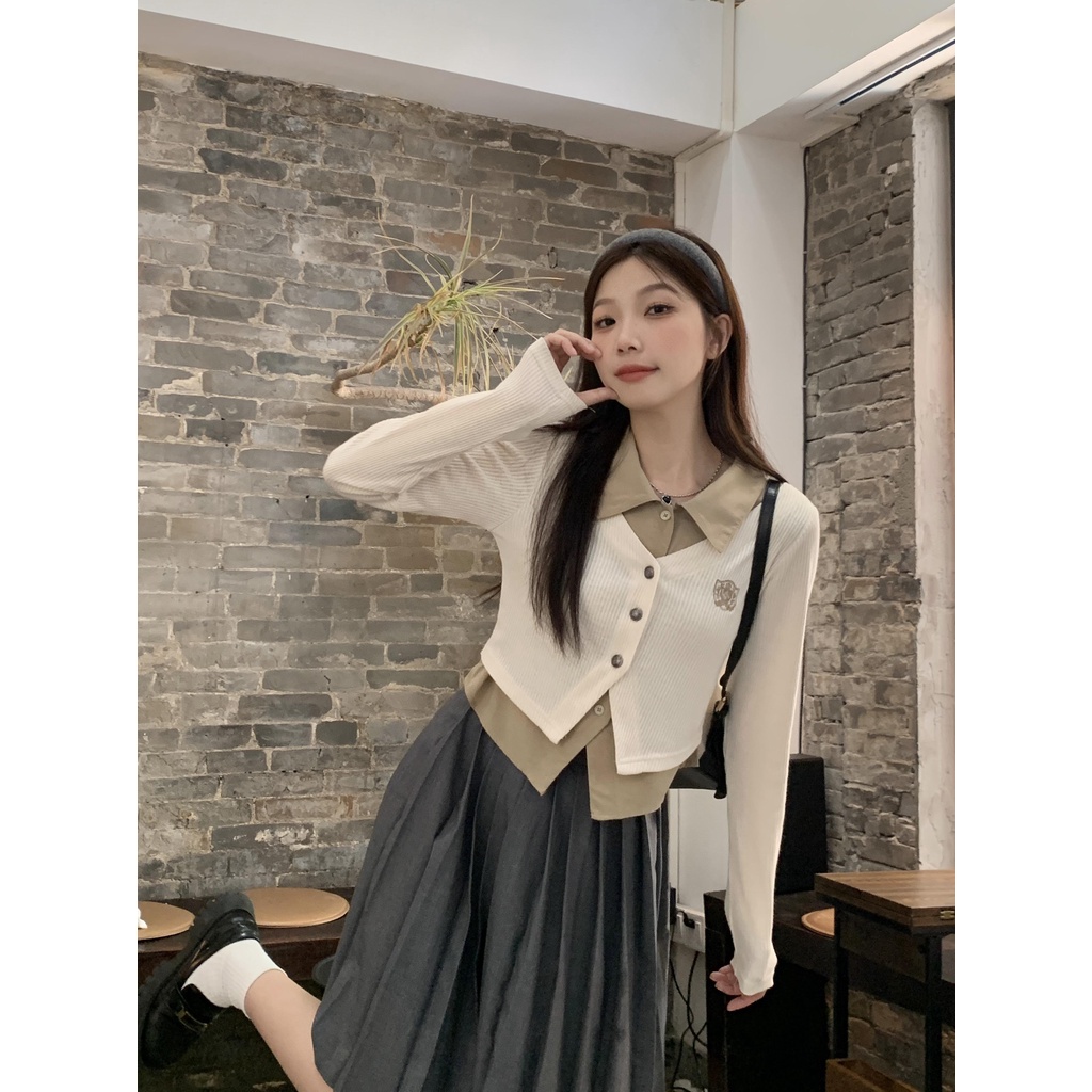 Áo Sơ Mi Giả Hai Lớp Tay Dài Dáng Rộng Thời Trang Mùa Thu Cho Nữ