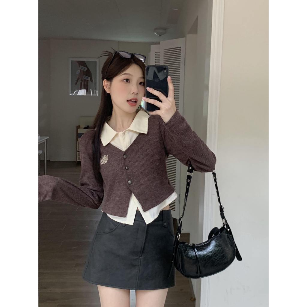 Áo Sơ Mi Giả Hai Lớp Tay Dài Dáng Rộng Thời Trang Mùa Thu Cho Nữ