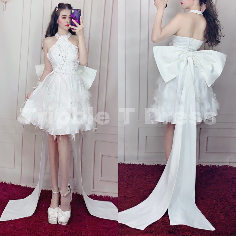 Đầm dự tiệc TRIPBLE T DRESS phối lông vũ cổ yếm- size S/M/L - MS43V