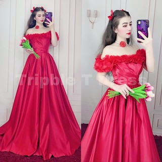 Đầm maxi cưới TRIPBLE T DRESS trễ vai đính hoa - size S/M/L