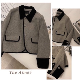 Áo khoác dạ LinhGiang.Corinne tweed xám phối viền nhung đen bẻ cổ The Aimeé .