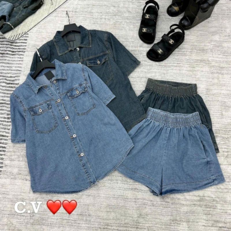 Set sơ mi rin quần short xanh