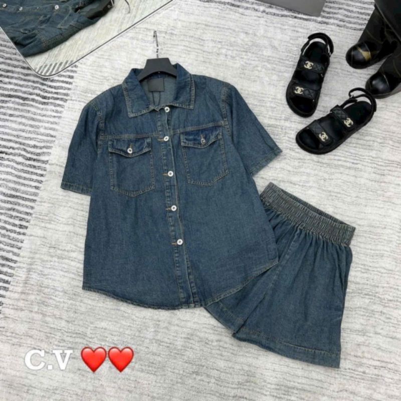 Set sơ mi rin quần short xanh