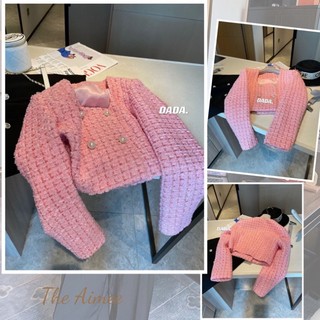 Áo dạ tweed hồng croptop có đệm vai cao cấp LinhGiang.Corinne