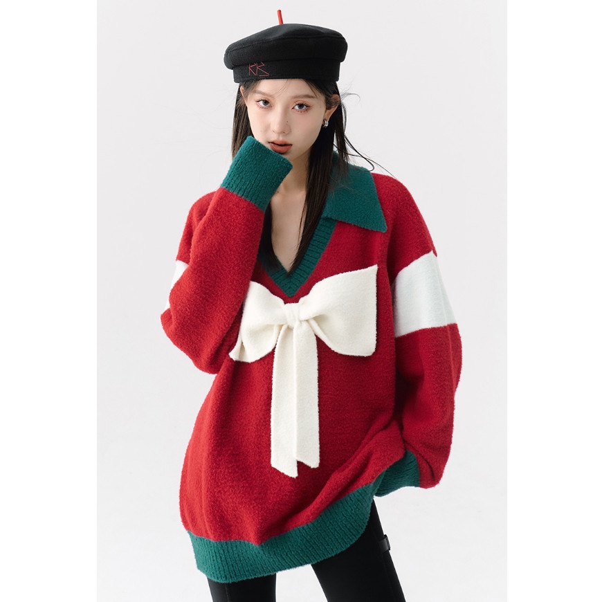 Áo sweater Dáng Rộng Đính Nơ Phong Cách Giáng Sinh Thời Trang Thu Đông Mới