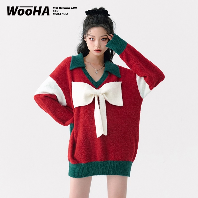 Áo sweater Dáng Rộng Đính Nơ Phong Cách Giáng Sinh Thời Trang Thu Đông Mới