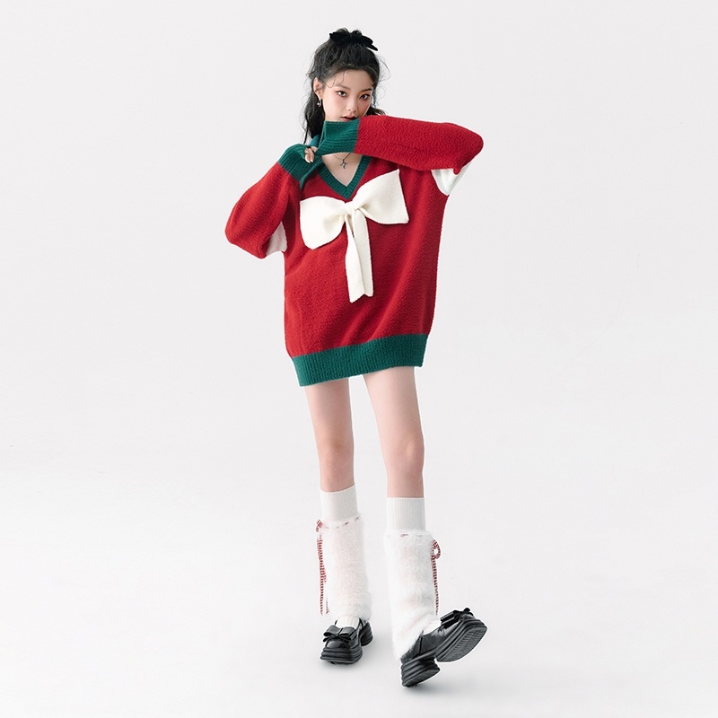 Áo sweater Dáng Rộng Đính Nơ Phong Cách Giáng Sinh Thời Trang Thu Đông Mới