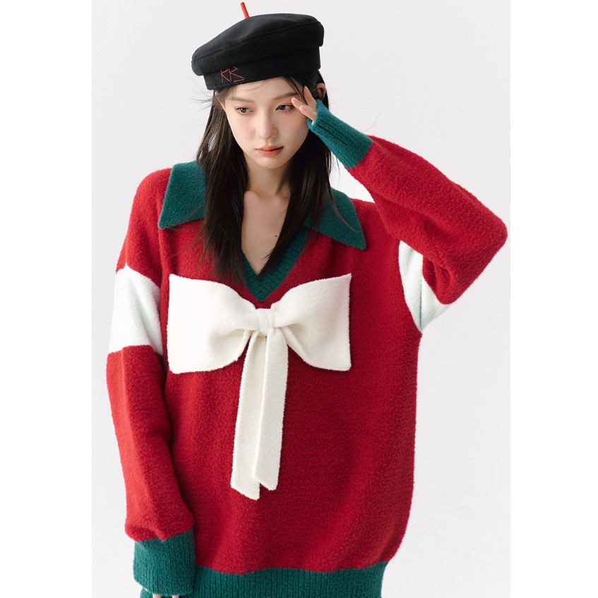 Áo sweater Dáng Rộng Đính Nơ Phong Cách Giáng Sinh Thời Trang Thu Đông Mới