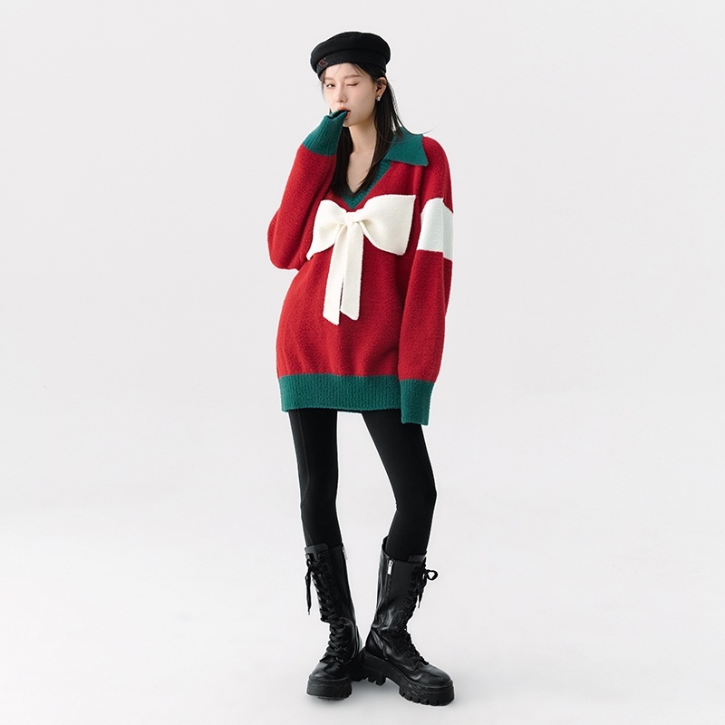 Áo sweater Dáng Rộng Đính Nơ Phong Cách Giáng Sinh Thời Trang Thu Đông Mới