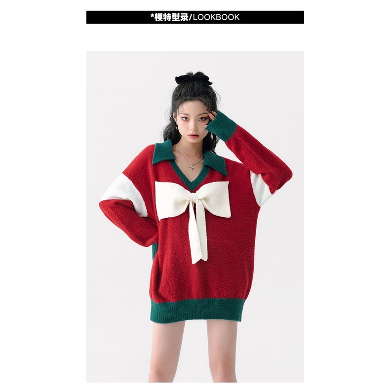 Áo sweater Dáng Rộng Đính Nơ Phong Cách Giáng Sinh Thời Trang Thu Đông Mới