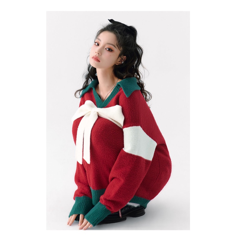 Áo sweater Dáng Rộng Đính Nơ Phong Cách Giáng Sinh Thời Trang Thu Đông Mới