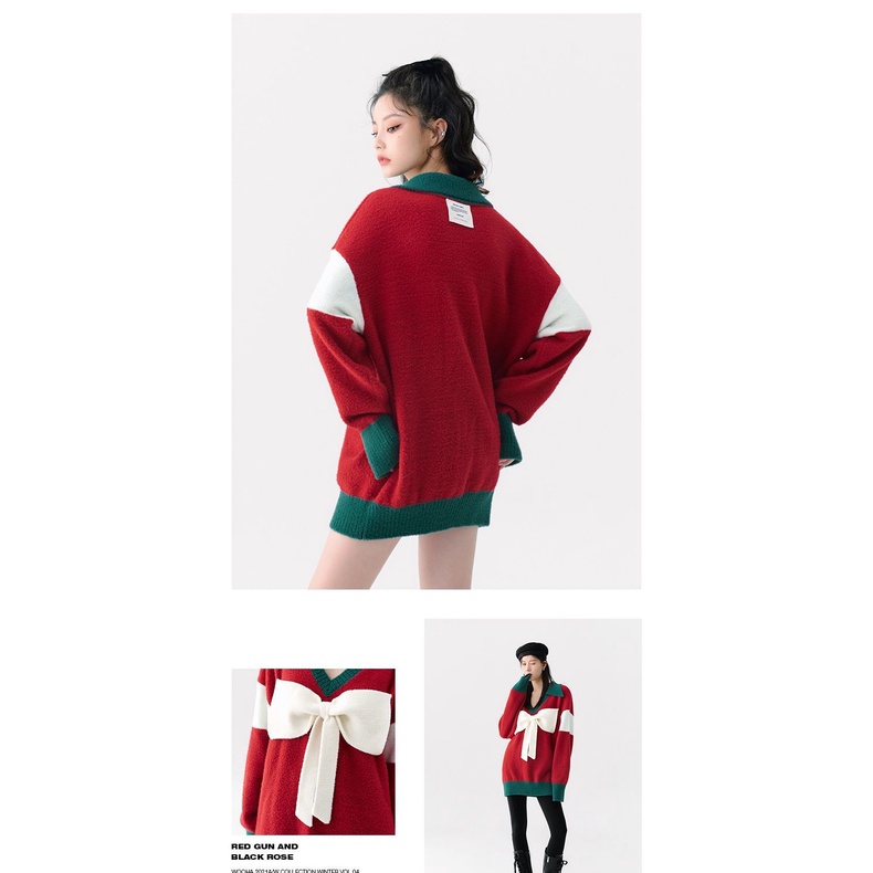 Áo sweater Dáng Rộng Đính Nơ Phong Cách Giáng Sinh Thời Trang Thu Đông Mới