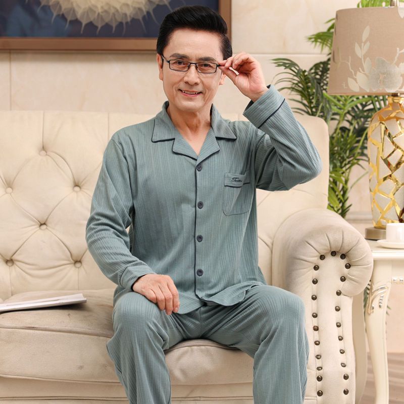 Bộ Đồ Ngủ Cotton Dài Tay Nam Trung Niên, Bộ Đồ Mặc Nhà Rộng Rãi Cho Bố Mùa Xuân Thu