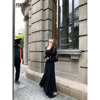 Đen đầm đuôi cá tay dài thời trang mùa thu cho nữ