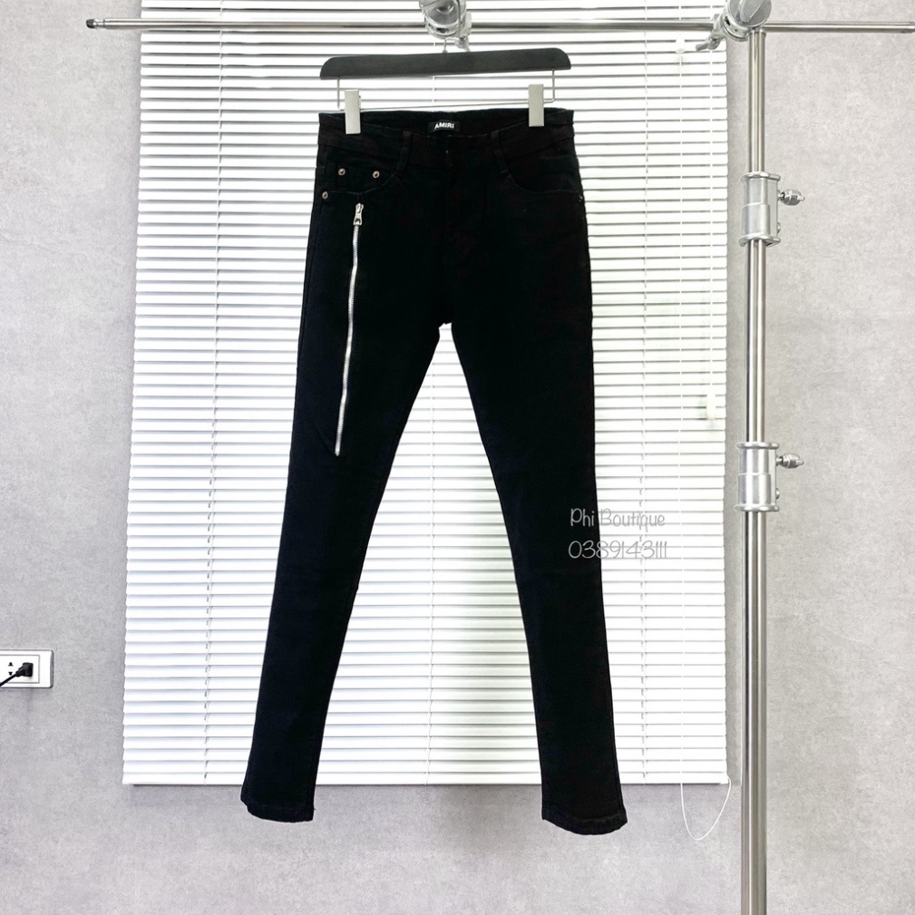 Quần jean bò Nam slimfit đen trơn thêu khoá zip chéo dọc đùi đơn giản basic phong cách đường phố QJ10P