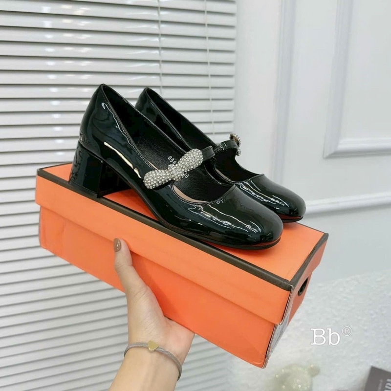 Giày gót vuông da bóng quai ngang nơ đá cao cấp