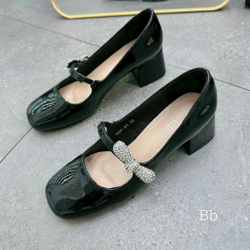 Giày gót vuông da bóng quai ngang nơ đá cao cấp