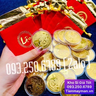 ⭐BÁN CHẠY⭐ Đồng xu con Rồng vàng bằng kim loại , mặt sau chữ Lộc - tặng kèm túi gấm đỏ chữ LỘC