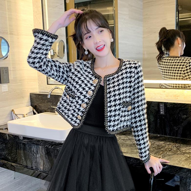 Áo dạ Tweed nữ tay dài dáng ngắn kẻ caro áo dạ cardigan dày dặn