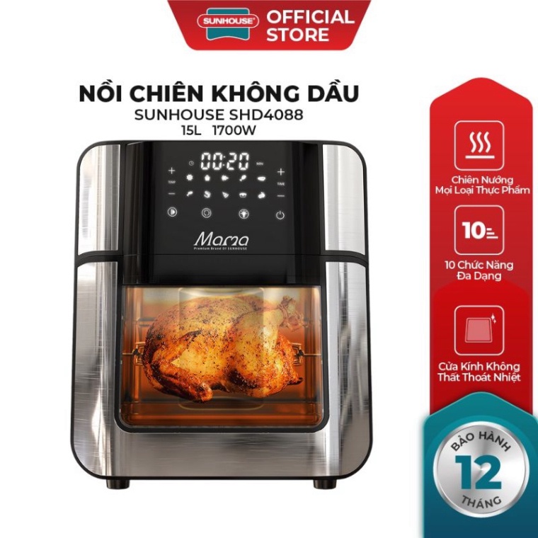 Nồi chiên không dầu 15L Sunhouse Mama SHD4088 dung tích 15L | Công suất mạnh 1700W | 10 chức năng