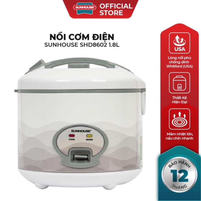 Nồi cơm điện 1.8L Sunhouse SHD8602 công suất 700W tỏa nhiệt đều, nấu nhanh Hàng chính hã.