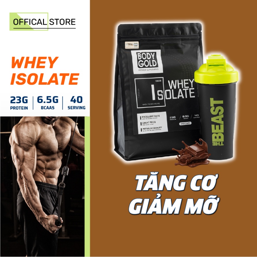 Sữa Tăng Cơ Giảm Mỡ - Whey Protein Isolate BodyGold túi 1kg + Tặng bình lắc Shaker 700ml