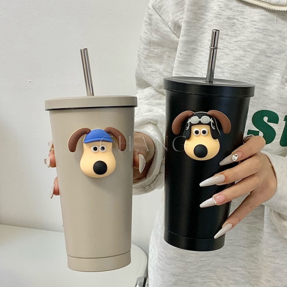Ly Giữ Nhiệt Cute Hình Cún Dung Tích 500ml, 700ml Kèm Ống Hút Và Túi,  MeeTech Official